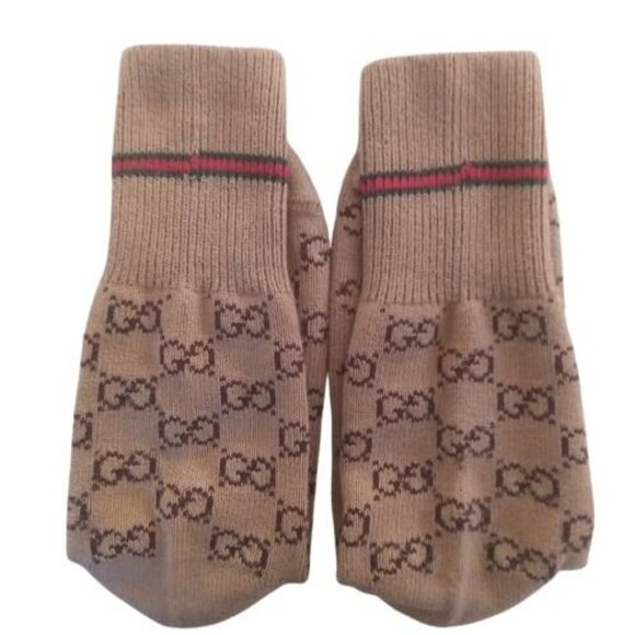 GUCCI | Web Stripe Camel Brown GG Logo Jacquard Knit Calf Socks Unisex Pre-Owned - Picture 9 of 12